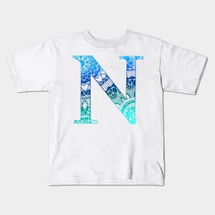 Mandala Letter Capital N Blue Kids T-Shirt